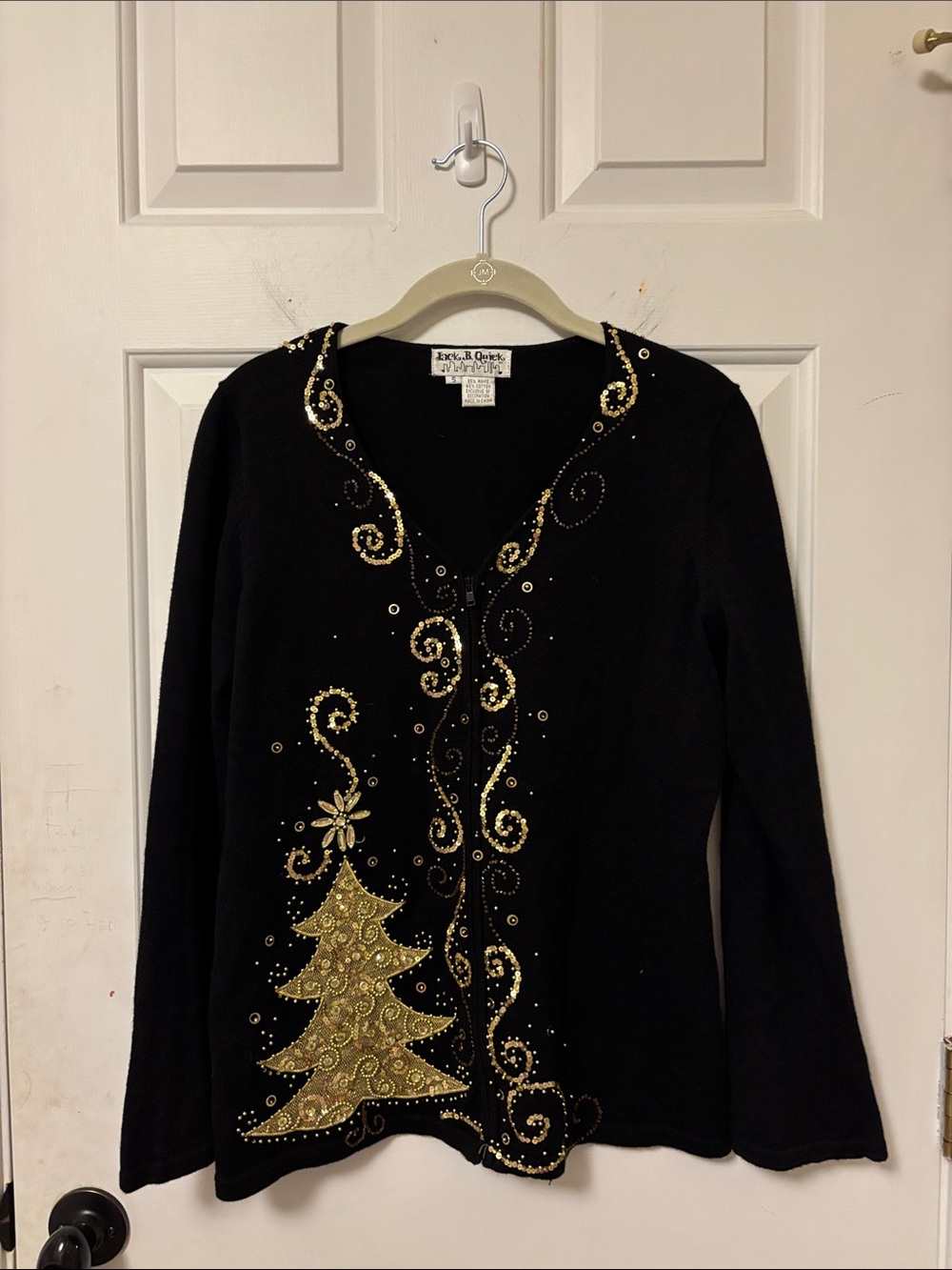 VTG Jack B. Quick Black Gold Christmas Holiday Zip Cardigan Sweater Size S Small